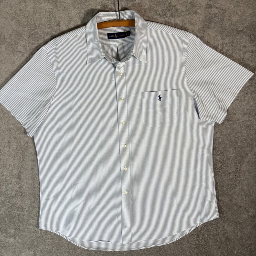 Ralph Lauren Mens XL Blue White Striped Short Sleeve Cotton Button Down Shirt